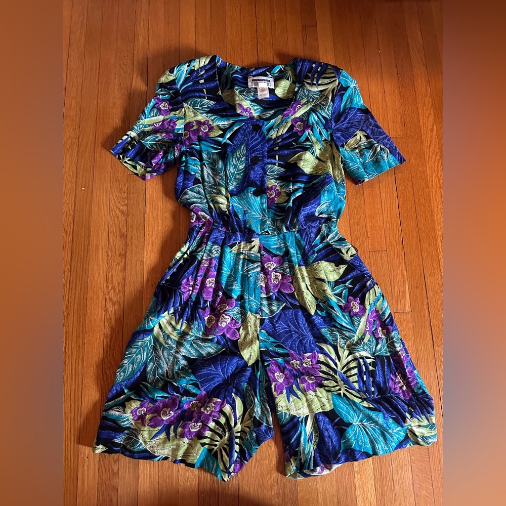 Vtg 80s Union-Made Lois Snyder Dani Max Rayon Tropical Romper, Size 10
